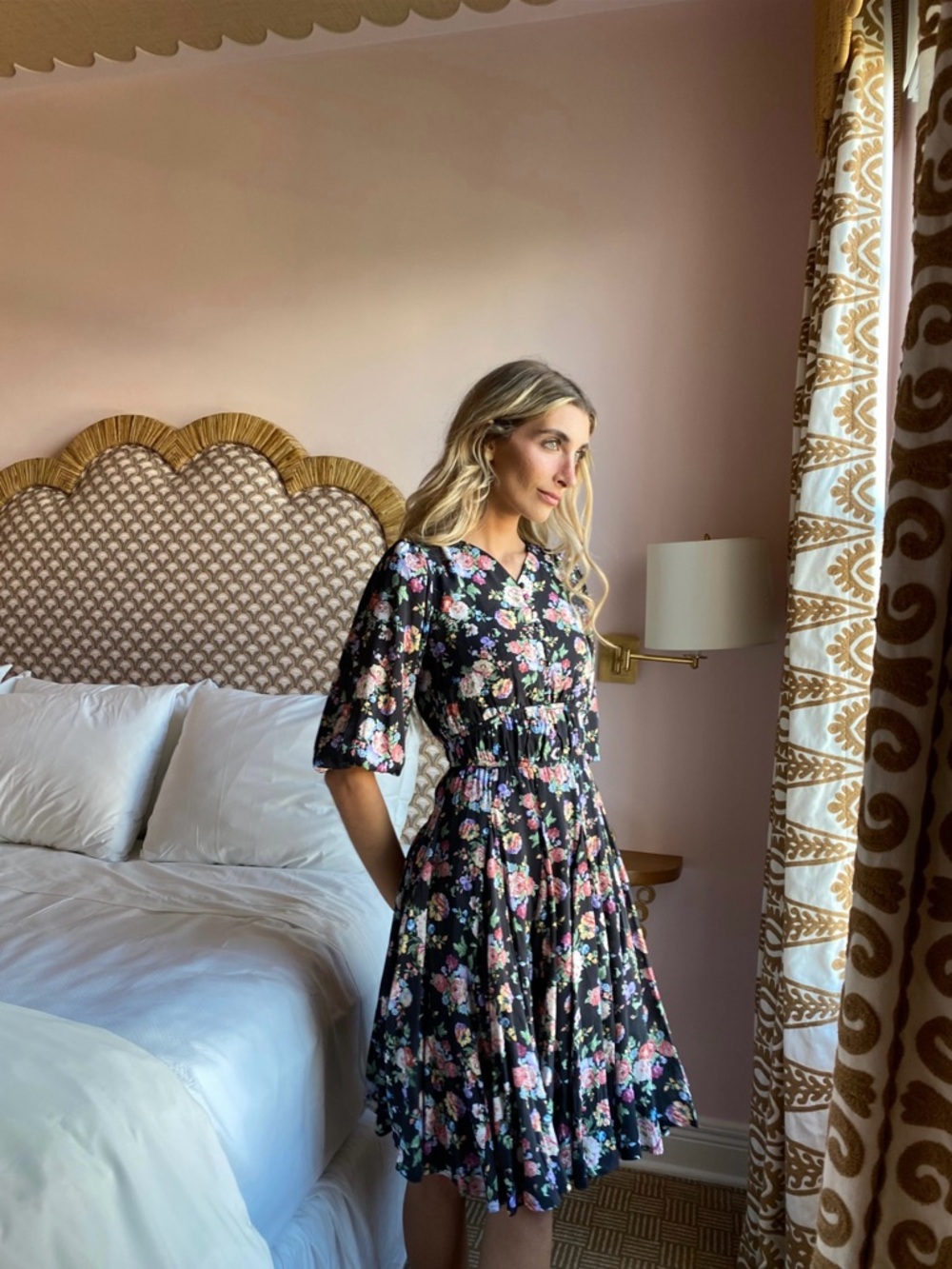 Black Floral Midi Dress with Elastic Waist